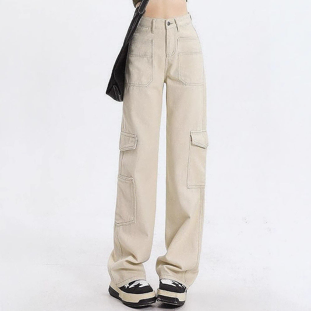 79-YT238 Amazon high waist straight overalls loose wide leg big pocket casual women's denim trousers