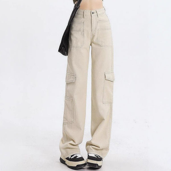 79-YT238 Amazon high waist straight overalls loose wide leg big pocket casual women's denim trousers