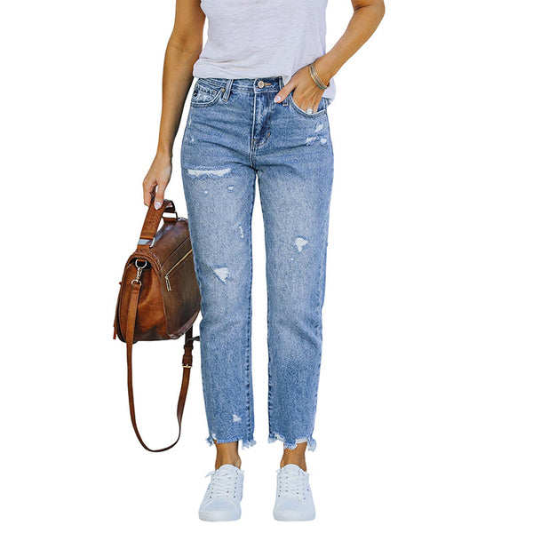 2022 new washed and worn fringed jeans women's Amazon Europe and America slim-fitting high-elastic small-footed denim trousers