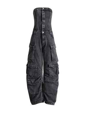 Denim Strapless Cargo Jumpsuit