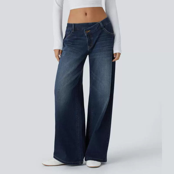 Asymmetric Low Rise Button Zipper Multiple Pockets Wide Leg Jeans