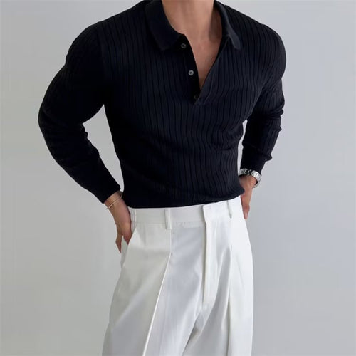 Men's Fashion Knit Long Sleeve Polo Shirt Trendy Simple