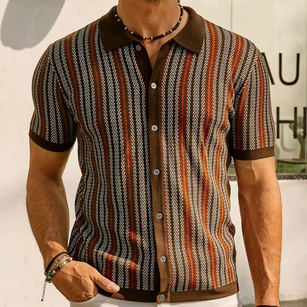 Men's New Summer Striped Jacquard Polo Knit Short Sleeve Shirt