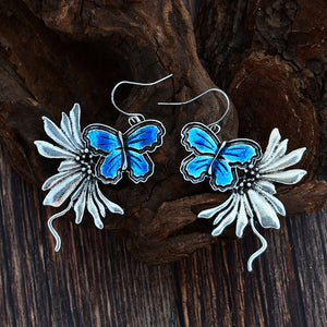 Blue Antique Silver Dangling Butterfly Earrings