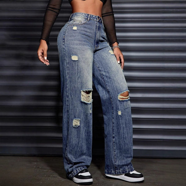 45-Spot-65700 Amazon cross-border foreign trade women's clothing European and American casual loose straight ripped denim trousers