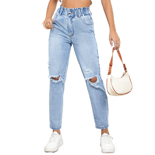35 #Spot-35763 #Amazon Cross-border Women's Clothing European and American INS Trend Skinny Ripped Straight Denim Trousers