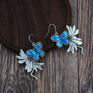 Blue Antique Silver Dangling Butterfly Earrings