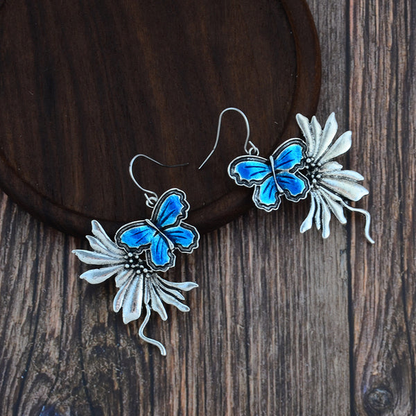 Blue Antique Silver Dangling Butterfly Earrings