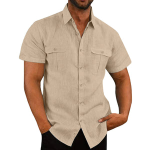 Men's Shirt Double Pocket Cotton Linen Short Sleeve Shirt Casual Vacation Shirt 7 Colors