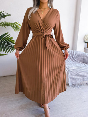 Temperament cross V-neck big swing pleated long dress