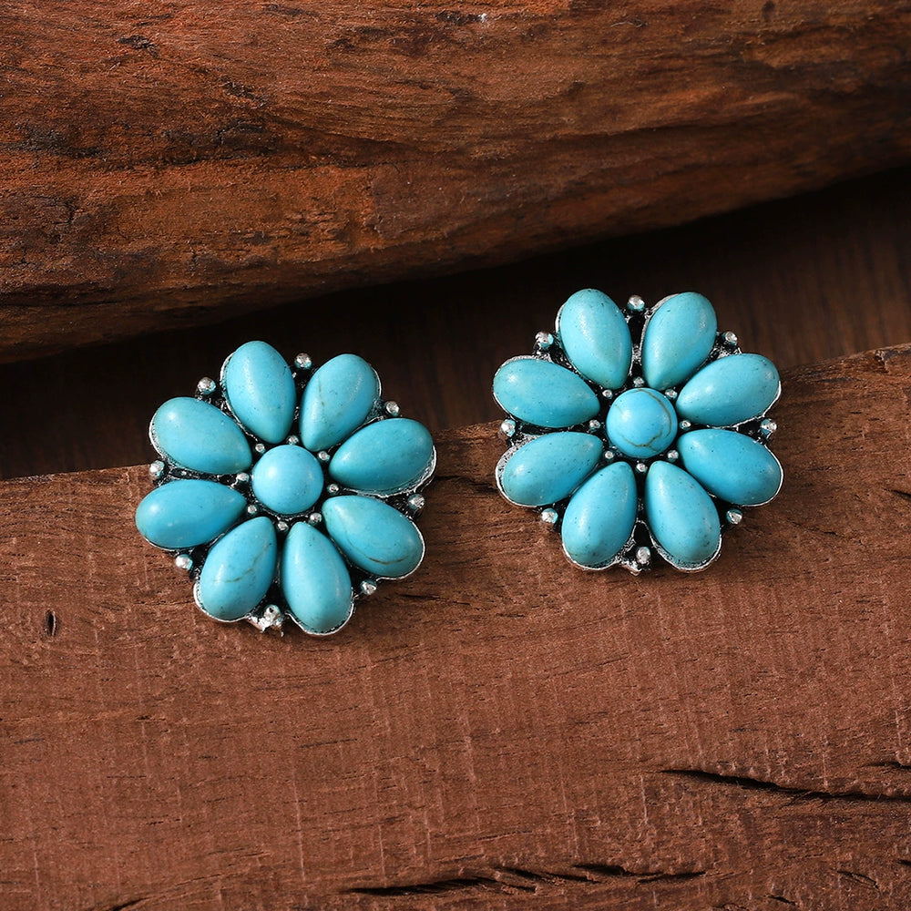 Bohemian Inlaid Turquoise Flower Earrings