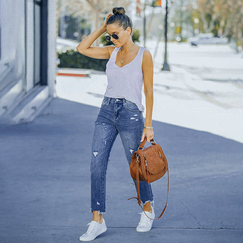 2022 new washed and worn fringed jeans women's Amazon Europe and America slim-fitting high-elastic small-footed denim trousers