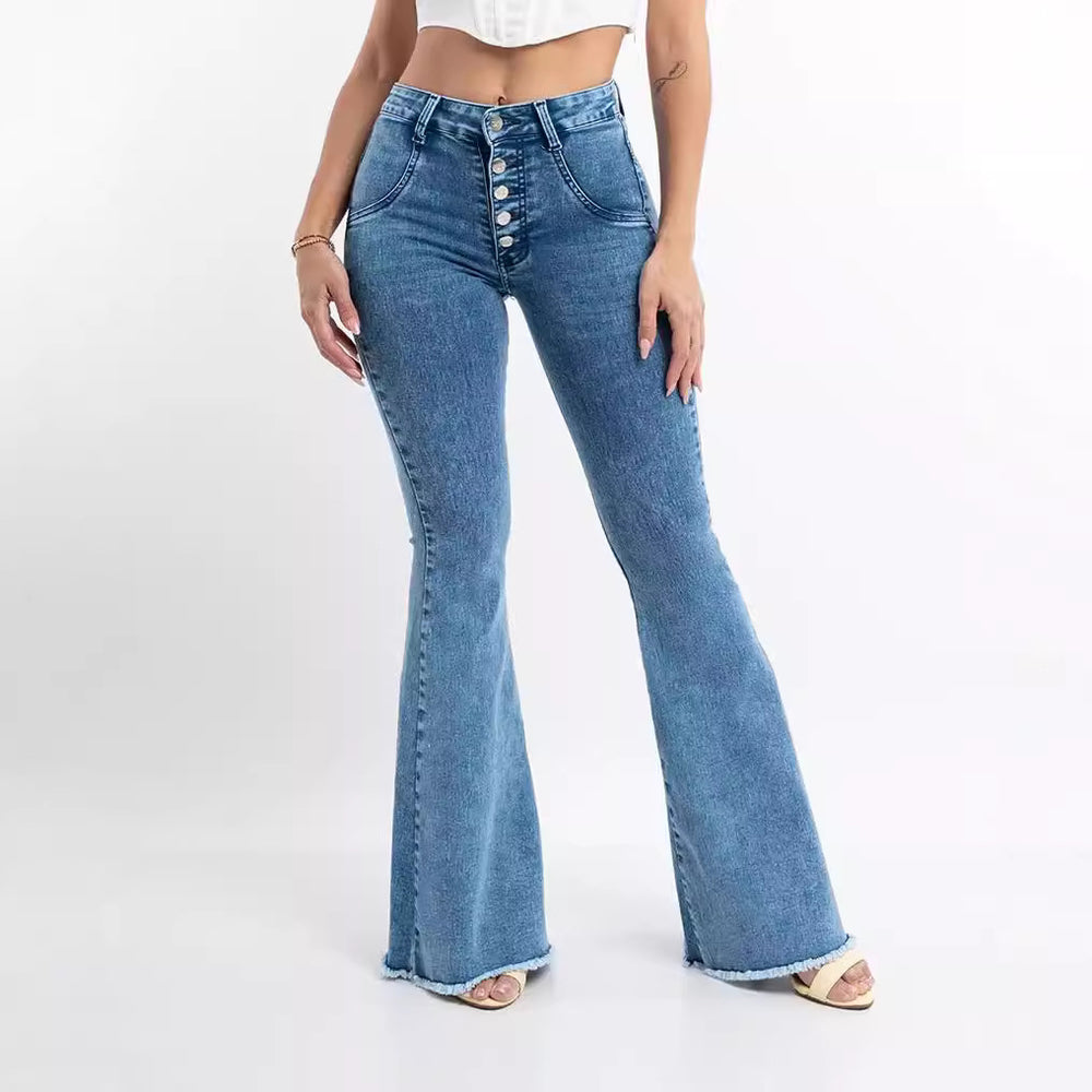 Promotional models, spot cross-border European and American women's jeans, personalized high-waisted elastic nail buckle, raw edge fringed jeans