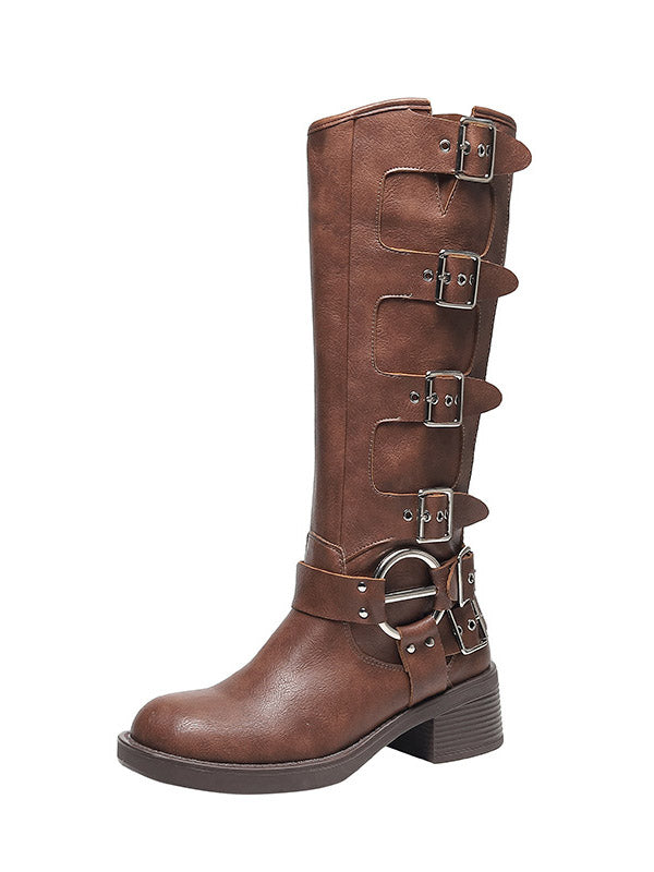 Buckle Leather Chunky Heel Boots