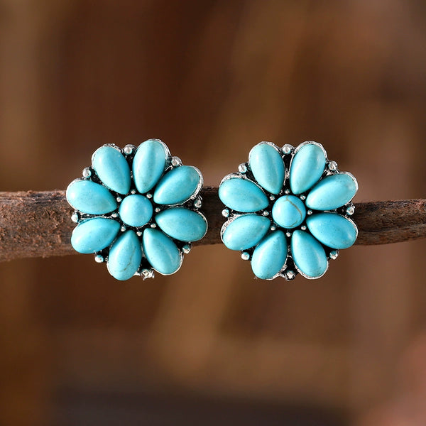 Bohemian Inlaid Turquoise Flower Earrings