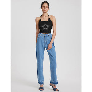 47-Spot 15160 #Cross-border Women's Clothing INS Fashion Retro Casual High Waist Pants Split Straight Denim Trousers