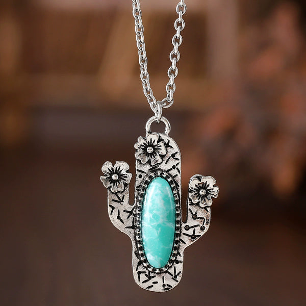 Inlaid Turquoise Cactus Pendant Necklace