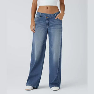 Asymmetric Low Rise Button Zipper Multiple Pockets Wide Leg Jeans
