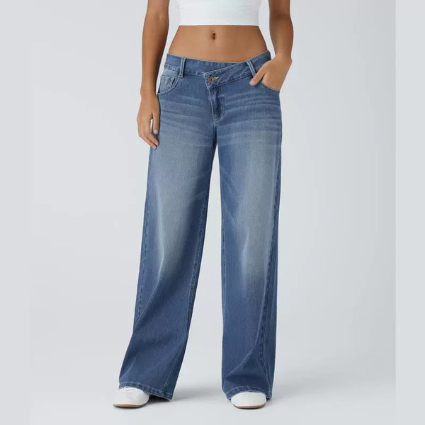 Asymmetric Low Rise Button Zipper Multiple Pockets Wide Leg Jeans