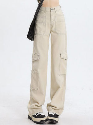79-YT238 Amazon high waist straight overalls loose wide leg big pocket casual women's denim trousers