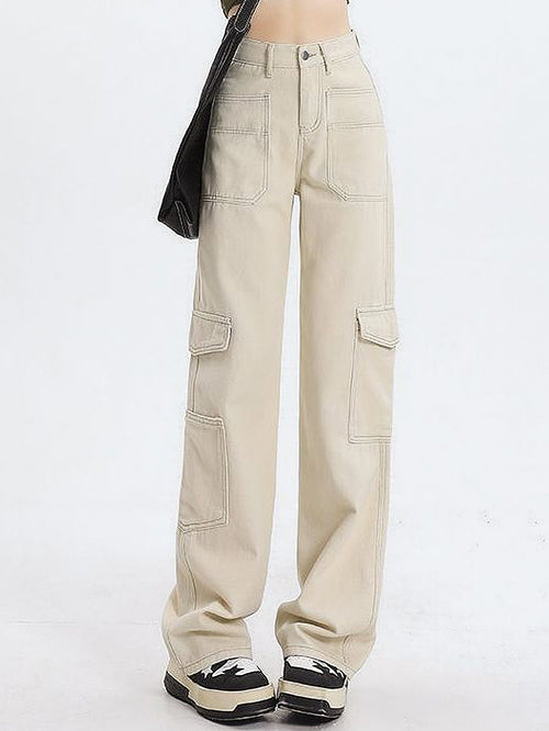 79-YT238 Amazon high waist straight overalls loose wide leg big pocket casual women's denim trousers