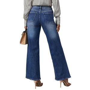 Cross-border Amazon independent station new washed dark blue straight high-elastic women's denim trousers, super hot