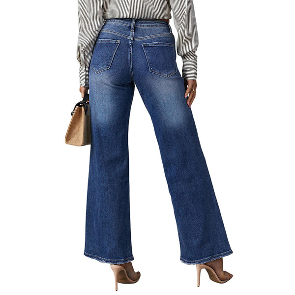 Cross-border Amazon independent station new washed dark blue straight high-elastic women's denim trousers, super hot