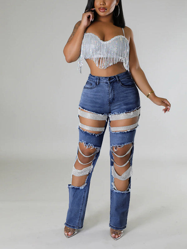 Pearl Rhinestone Denim Jeans