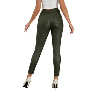Elastic cross-border Amazon European and American women's imitation denim PU elastic tight multi-colored trousers, super hot