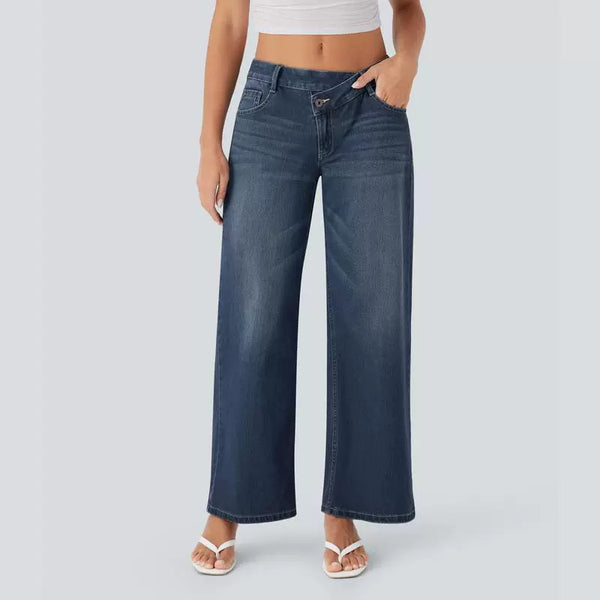 Asymmetric Low Rise Button Zipper Multiple Pockets Wide Leg Jeans