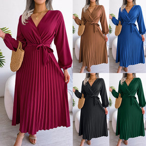 Temperament cross V-neck big swing pleated long dress