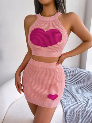 Casual love color clashing navel top wrap skirt set