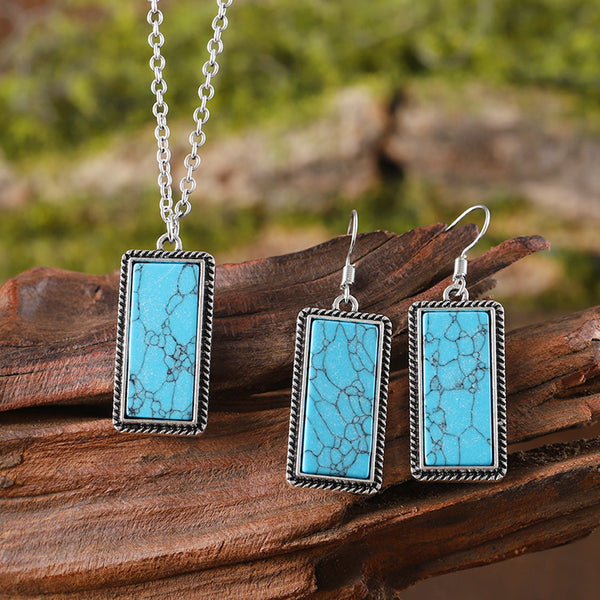 Geometric pendant earrings necklace with rectangular turquoise stones