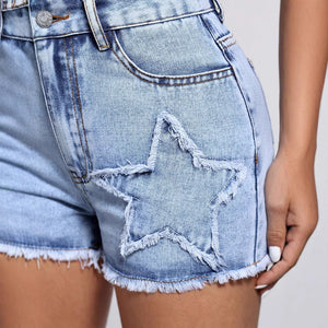 317-65618 #Cross-border foreign trade women's clothing Europe and America INS new casual fashion rough edge star denim shorts