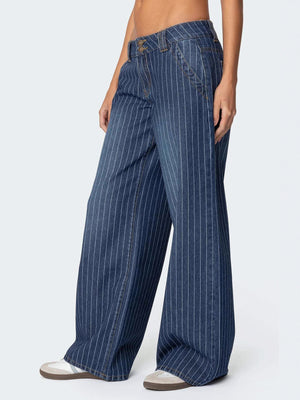 Women's Striped Elegant Commuter Stretch High Waist Straight Leg Jeans