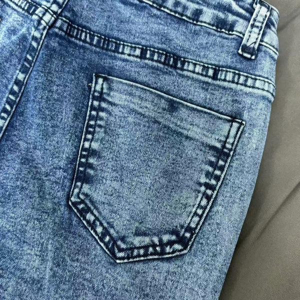 Promotional models, spot cross-border European and American women's jeans, personalized high-waisted elastic nail buckle, raw edge fringed jeans