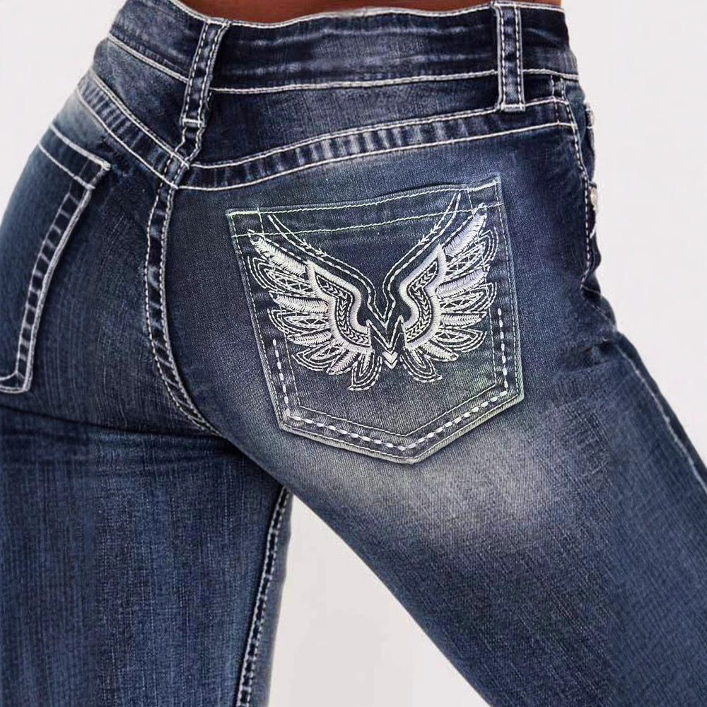 Cross-border exclusive for Amazon Independent Station Europe and the United States new fashion embroidery high waist old straight elastic jeans women