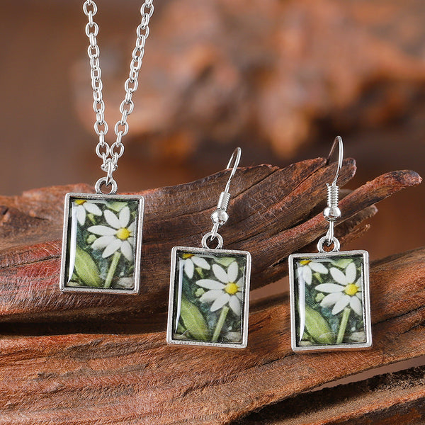 Clear Drip Daisy Square Dangle Earrings Necklace