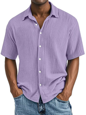 Men's Double-layered Wrinkled Fabric Casual Short Sleeved Shirt with Lapel Collar