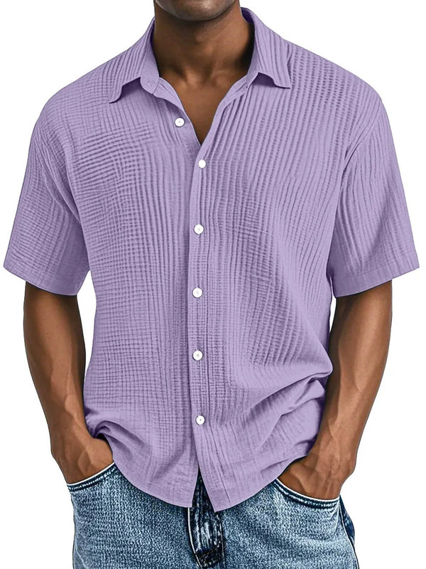 Men's Double-layered Wrinkled Fabric Casual Short Sleeved Shirt with Lapel Collar