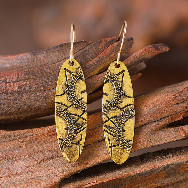 Vintage Ethnic Long Oval Gear Pattern Earrings
