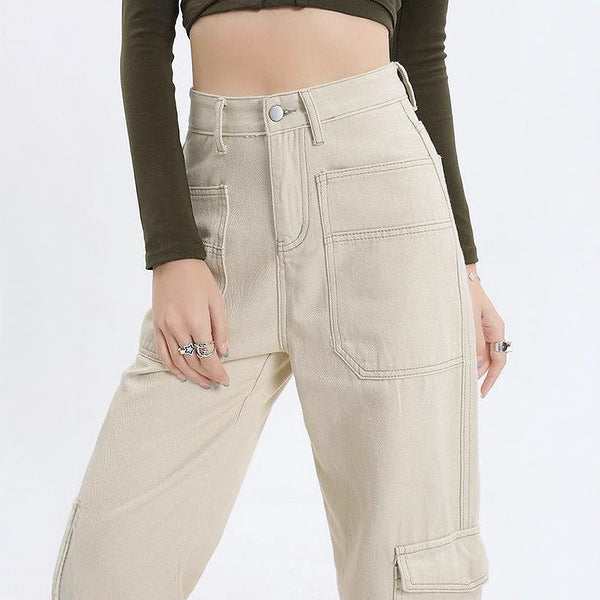 79-YT238 Amazon high waist straight overalls loose wide leg big pocket casual women's denim trousers