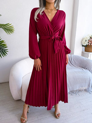 Temperament cross V-neck big swing pleated long dress