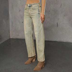 American stretch high street straight nostalgic retro blue women's denim trousers casual versatile cross-border spot worker
