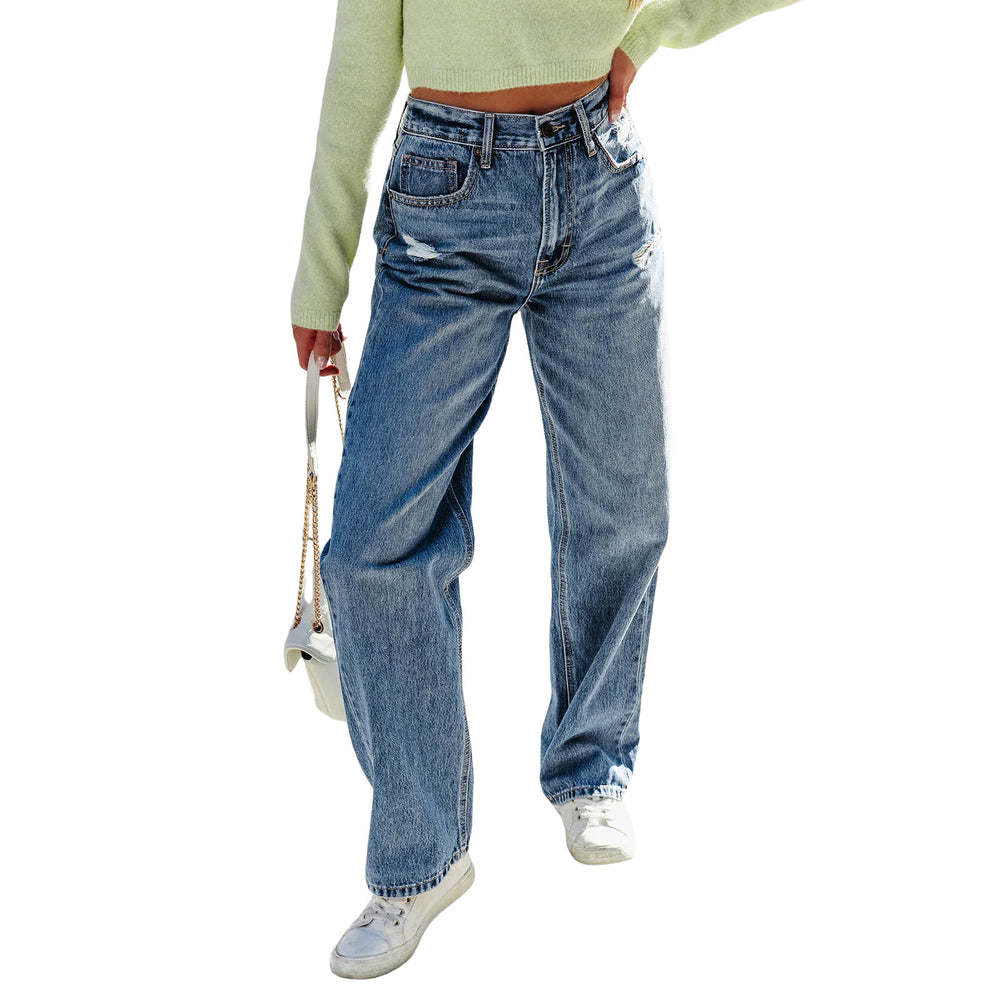 2023 new cross-border Amazon European and American denim loose straight hole high elastic women's denim trousers