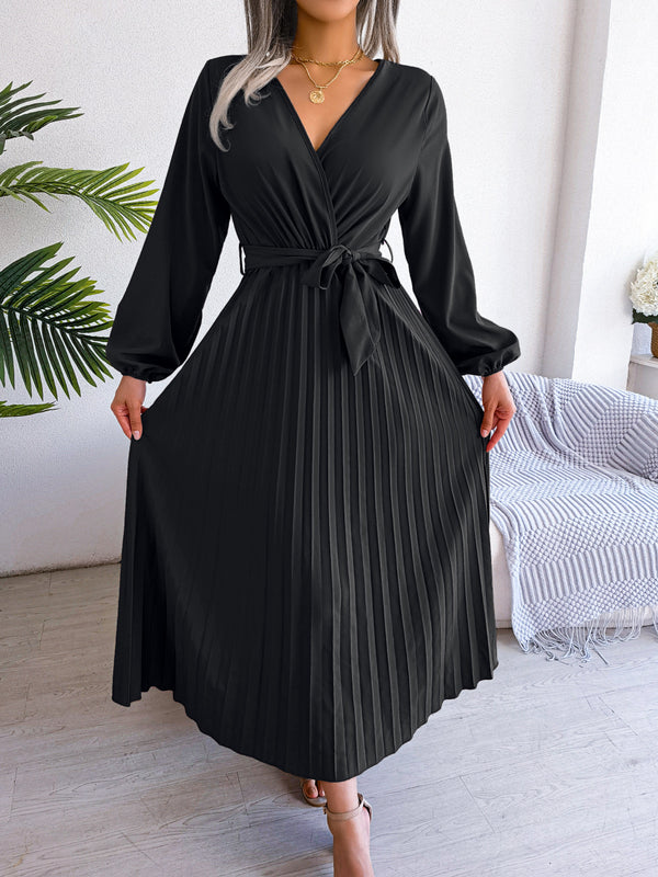 Temperament cross V-neck big swing pleated long dress