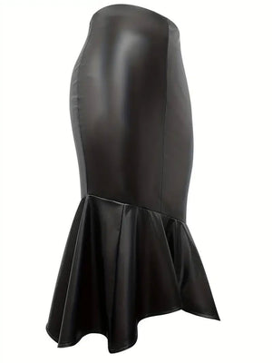 Ruffle Hem Slim PU Half Leather Skirt