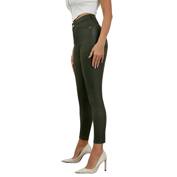 Elastic cross-border Amazon European and American women's imitation denim PU elastic tight multi-colored trousers, super hot