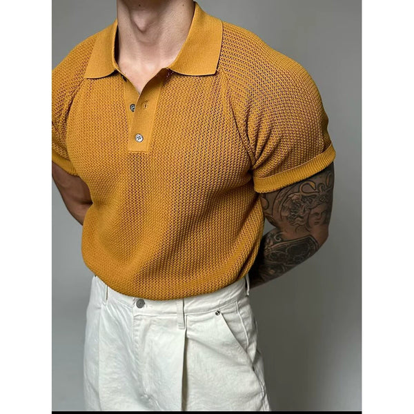 Men's New Summer Short Sleeve Knit Polo Shirt with Cutouts