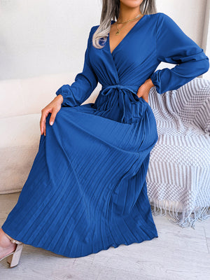 Temperament cross V-neck big swing pleated long dress